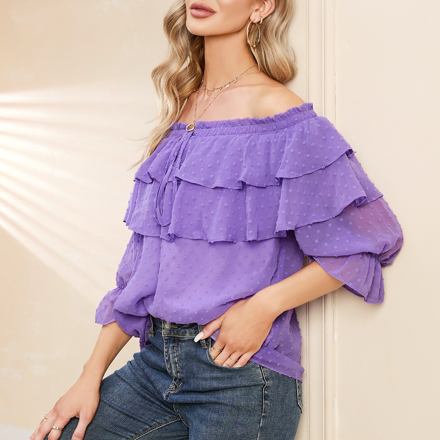 EXLURA Women’s Off The Shoulder Layered Ruffle Tops Swiss Dot Long Puff Sleeve Blouses Shirts Flowy Party Dressy Tops