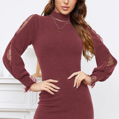 EXLURA Women’s Bodycon Sweater Dress Turtle Neck Knit Pullover Cut Out Lace Long Puff Sleeve Dress Sexy Mini Party Dress
