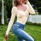 Exlura Women's Square Neck Ribbed Knitted Crop Sweater Long Sleeve Slim Fit Pullover Tops