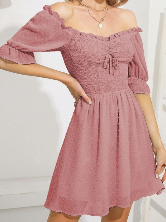 Summer Mini Dress - Sweetheart Neckline Swiss Dot Smocked Short Sleeve