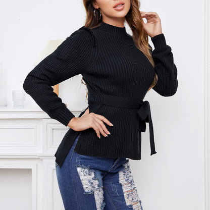 EXLURA Women’s Tie Front Pullover Sweater Mock Neck Ruffle Long Sleeve Cute Sweaters Casual Trendy Dressy Tops Jumpers