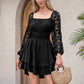 KRDR302EXLURA Women’s Lace Long Puff Sleeve Mini Dress Square Neck Backless Short Swing Party Dress Tie Back Bridesmaid Wedding Guest Dresses