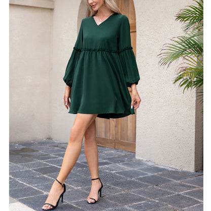 Exlura Women’s Casual Flowy Tunic Tshirt Dress V Neck Ruffle Long Puff Sleeve Dress Cocktail Party Mini Dress