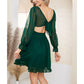 EXLURA Women’s Swiss Dot Flowy Mini Dress V Neck Long Puff Sleeve Tie Back Ruffle Dress Sexy Cottagecore Wedding Guest Dress