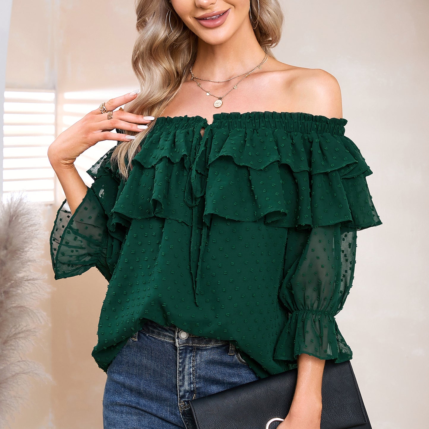 EXLURA Women’s Off The Shoulder Layered Ruffle Tops Swiss Dot Long Puff Sleeve Blouses Shirts Flowy Party Dressy Tops