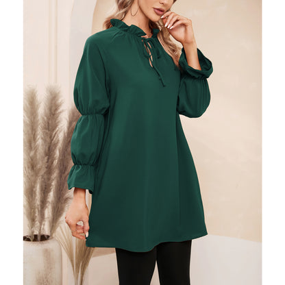 Exlura Women’s Vintage Casual Mini Dress Tie Front Ruffle Long Puff Sleeve Tunic Dress Cocktail Party Dress