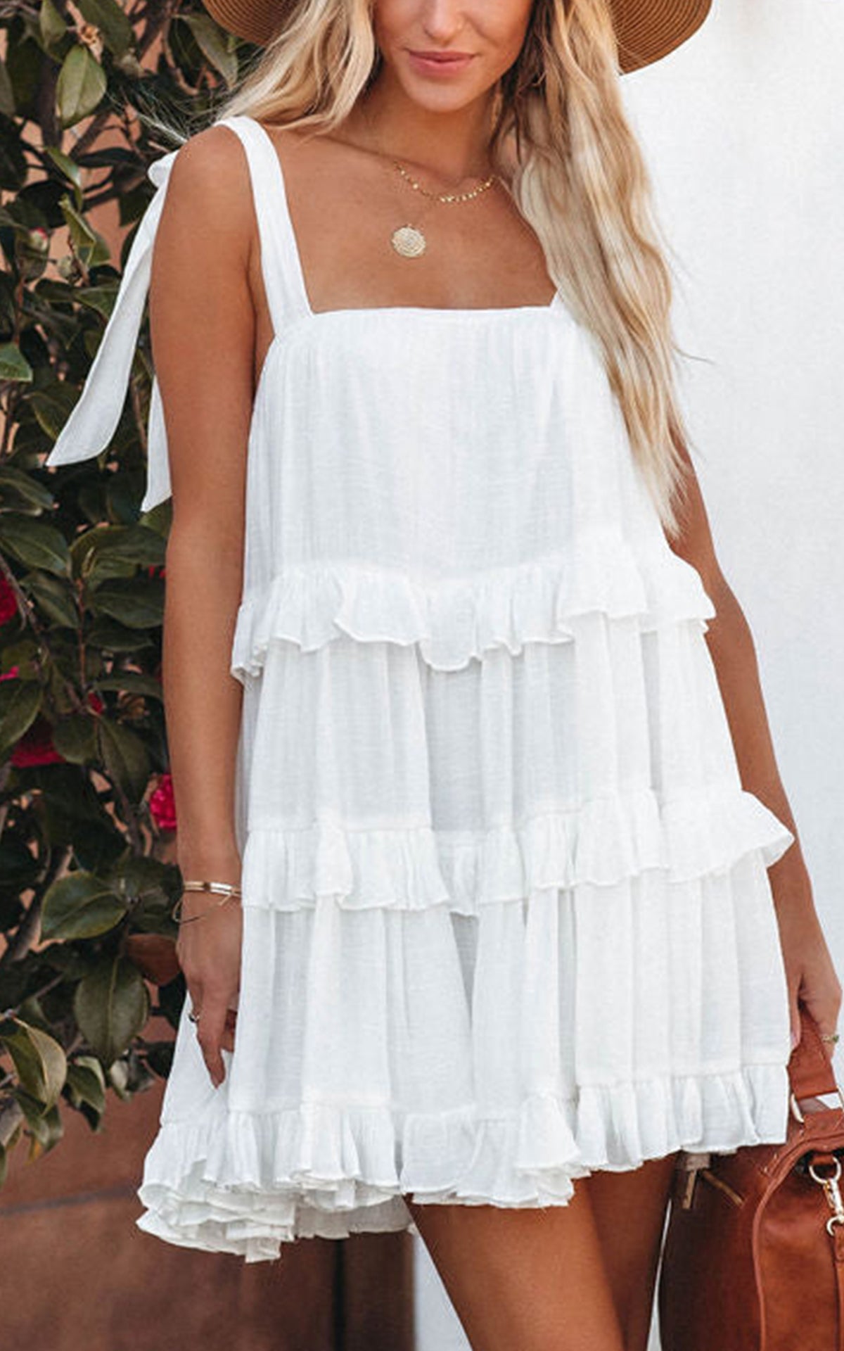 Summer Mini Beach Sundresses - Tiered Ruffle Sleeveless Tie Strap