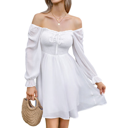 EXLURA Women’s Drawstring Mini Dress Sweetheart Neckline Smocked Flowy Dress Puff Long Sleeve Ruffle Cute Wedding Guest Dress