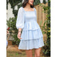 Exlura Women’s Off Shoulder Ruffle Dress Sundress Puff Sleeve Backless Tiered Smocked Tie Waist Flowy Mini Dress