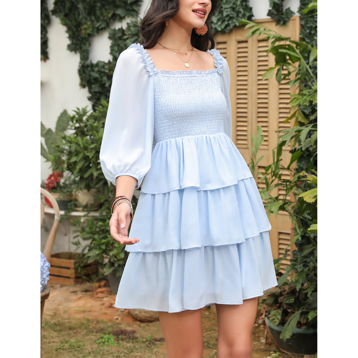 Exlura Women’s Off Shoulder Ruffle Dress Sundress Puff Sleeve Backless Tiered Smocked Tie Waist Flowy Mini Dress