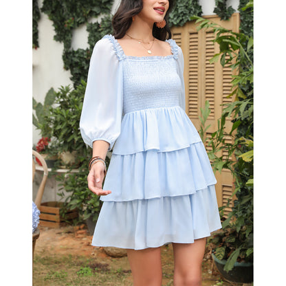 Exlura Women’s Off Shoulder Ruffle Dress Sundress Puff Sleeve Backless Tiered Smocked Tie Waist Flowy Mini Dress