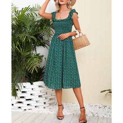 EXLURA Women's Sleeveless Dress Square Neck Floral Print High Waist A-line Ruffle Smocked Backless Midi Dress