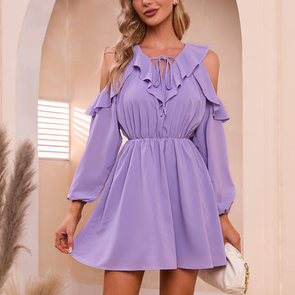 Exlura Women’s Ruffle Swing Mini Dress Cold Shoulder V Neck Long Sleeve Dress Cute Bridal Shower Wedding Guest Dress