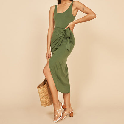 Summer Sleeveless Solid Split Front Bodycon Midi Tank Dress