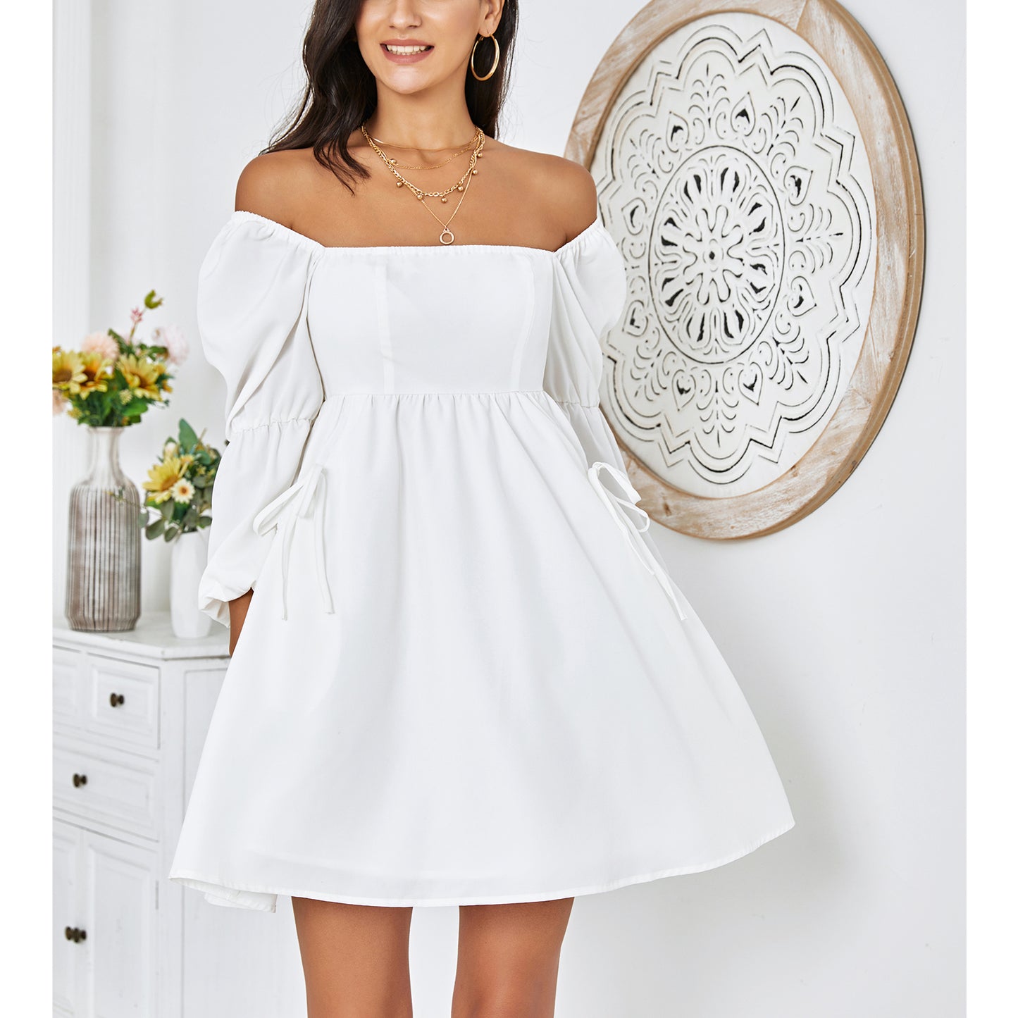 Exlura Women’s Casual Mini Dress with Pockets Square Neck Long Puff Sleeve Dress Empire Waist Boho Wedding Guest Dress