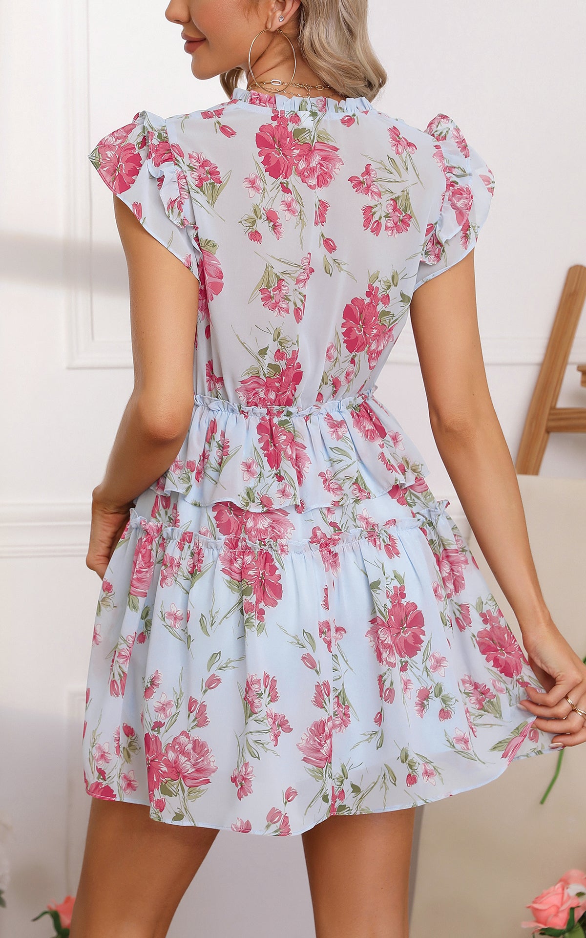 Background Print S Neckline Lace-up Waist Ruffle Dress