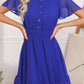 Flowy Mini Shirt Dress - V Neck Short Sleeve Button Down Ruffle