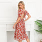 EXLURA Women’s V Neck Dress Short Puff Sleeve High Waist A-Line Backless Tie Back Floral Vintage Midi Dress