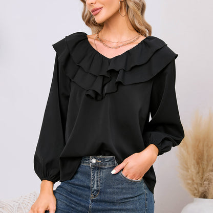 EXLURA Women’s Layered Ruffle Flowy Tops V Neck Long Puff Sleeve Blouses Shirts Casual Dressy Tops