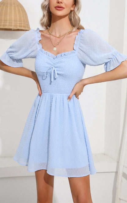 Summer Mini Dress - Sweetheart Neckline Swiss Dot Smocked Short Sleeve