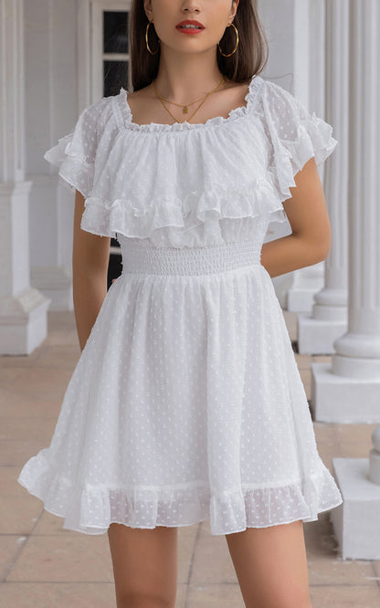 Mini Dress - Swiss Dot Ruffle Off the Shoulder Short Sleeve