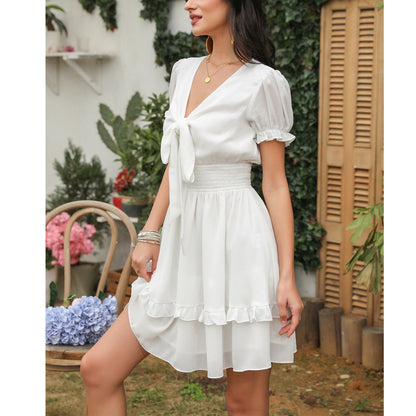 Exlura Women’s V Neck Summer Ruffle Dress Sundress Tiered Smocked Tie Front Short Puff Sleeve Swing Mini Dress