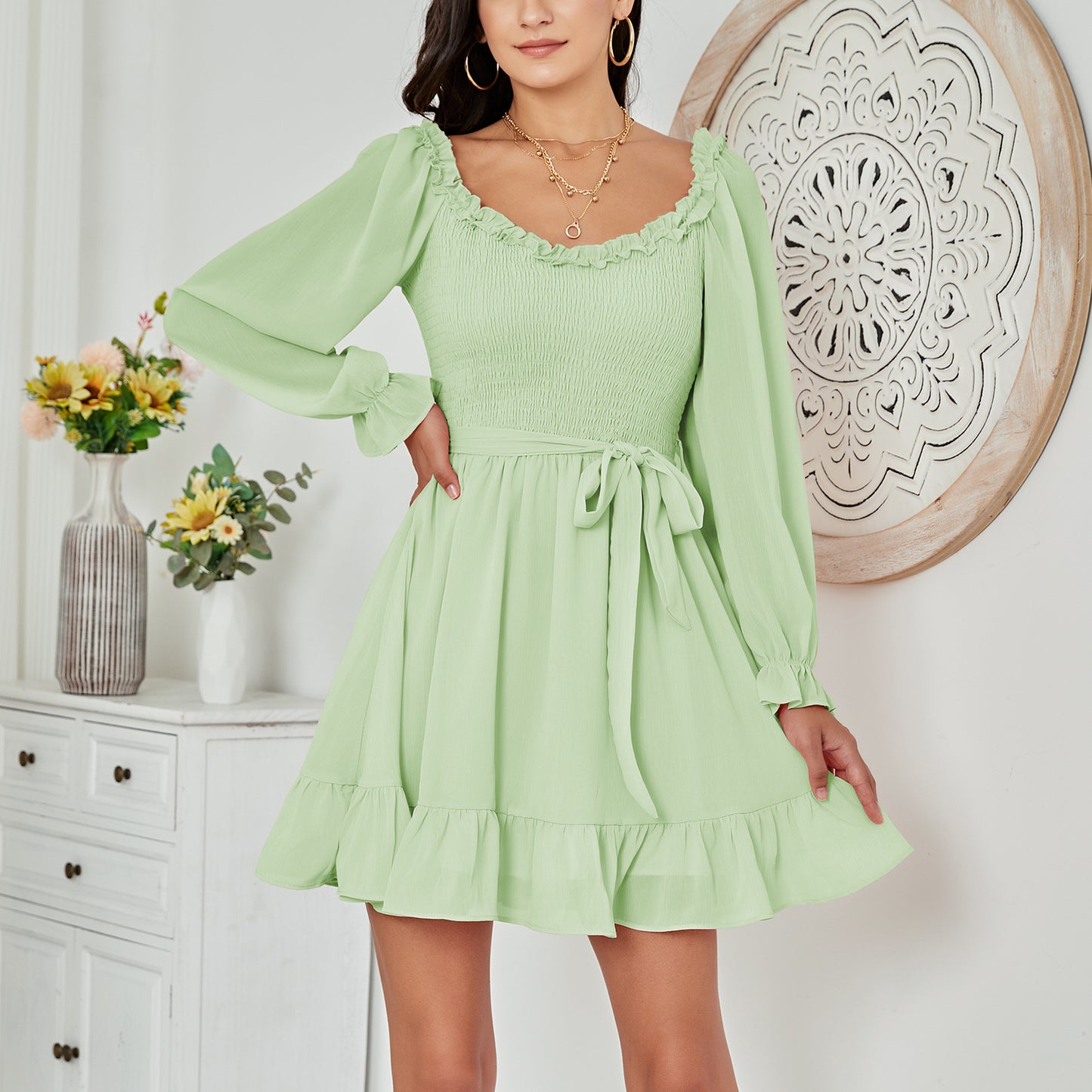 The Ruffle Edge Floral Mini Dress - Drawstring Neckline Puffy Short Sleeves  Smocked Dress - Green - Dresses