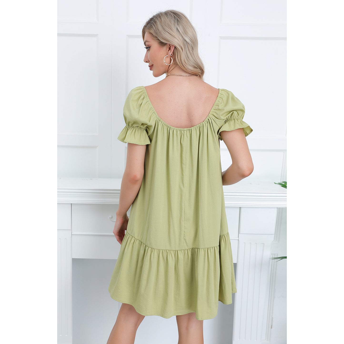 Exlura Women’s Square Neck Puff Short Sleeve Dress Off Shoulder Tiered Ruffle A-Line Babydoll Mini Party Dress