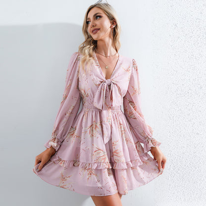 EXLURA Women Tie Front Elastic Waist Tiered Ruffle Layer Floral Balloon Long Sleeve V-Neck A-Line Mini Dress