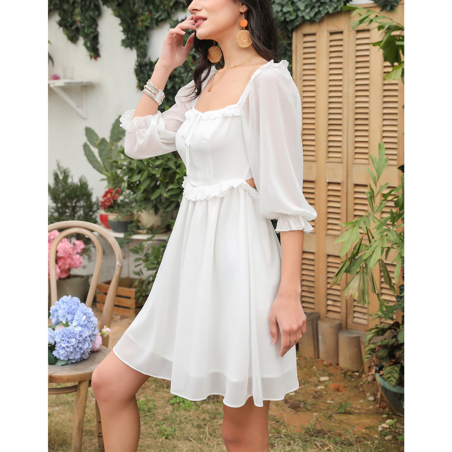 Exlura Women’s Off Shoulder Floral Ruffle Dress Sundress Tie Back Puff Sleeve Backless Square Neck Mini Summer Dress