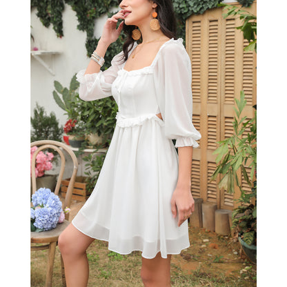 Exlura Women’s Off Shoulder Floral Ruffle Dress Sundress Tie Back Puff Sleeve Backless Square Neck Mini Summer Dress