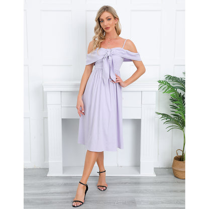Exlura Women’s Off Shoulder Ruffle Long Dress Tie Knot Sleeveless Strappy Smocked A-Line Backless Midi Dress