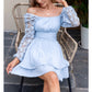 KRDR302EXLURA Women’s Lace Long Puff Sleeve Mini Dress Square Neck Backless Short Swing Party Dress Tie Back Bridesmaid Wedding Guest Dresses