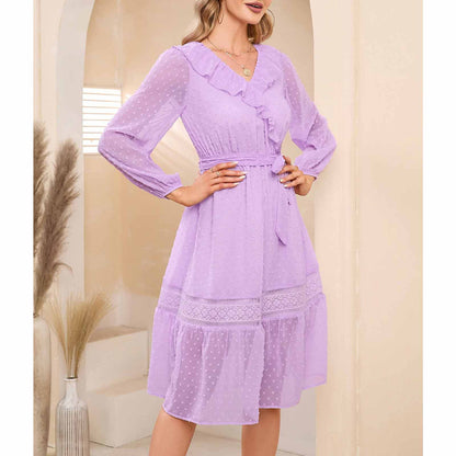 EXLURA Women’s Belted Swiss Dot V Neck Midi Dress Long Puff Sleeve Ruffle Dress Lace Patchwork Wedding Guest Dress