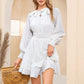 EXLURA Women’s Ruffle Mini Dress Asymmetrical   Long Puff Sleeve Round Neck Smocked Dress Flowy Cocktail Wedding Guest Dress