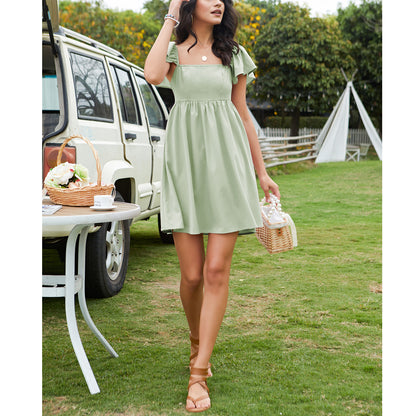 High Waist A-Line Smocked Back Zipper Mini Dress
