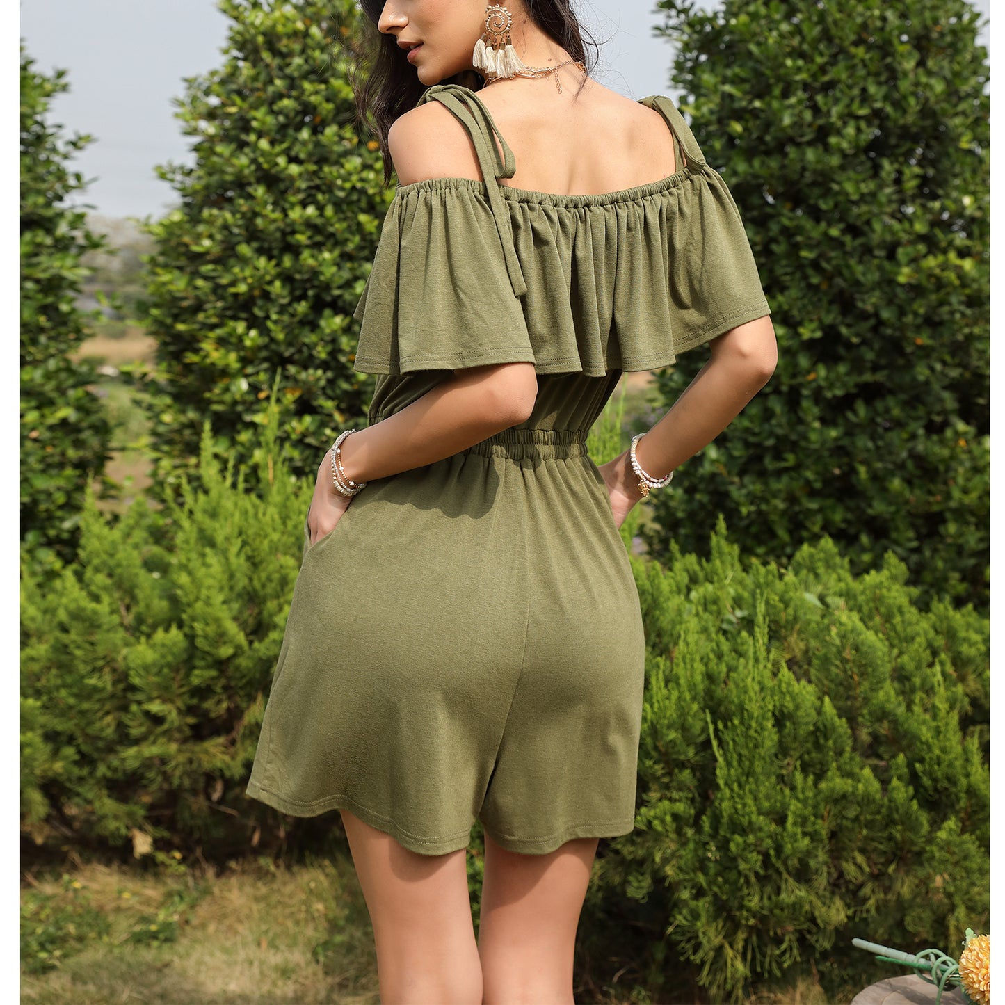 Exlura Women’s Sexy Sleeveless Short Jumpsuit Off Shoulder  Tie Waist Strappy Wide Leg Ruffle Romper Playsuit