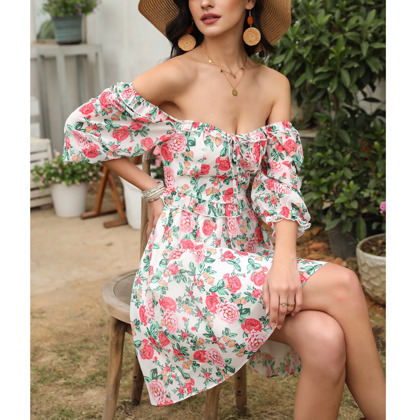 Exlura Women’s Off Shoulder Floral Ruffle Dress Sundress Tie Back Puff Sleeve Backless Square Neck Mini Summer Dress