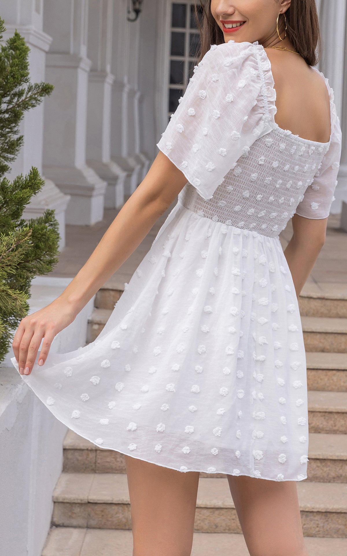 Summer Flowy Mini Dress - Dot Smocked Ruffle Short Flutter Sleeve