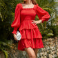 Square Neck Tie Back Bishop Sleeve Layered Flowy Swing Mini Dress