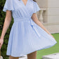 Summer Flowy Mini Dress - V Neck Short Sleeve Pleated Belted