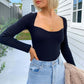 Exlura Women's Square Neck Ribbed Knitted Crop Sweater Long Sleeve Slim Fit Pullover Tops