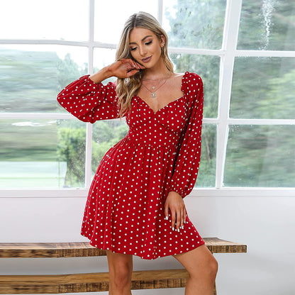 EXLURA Women's Polka Dot Off Shoulder Ruffled Chiffon Mini Dress Long Lantern Sleeve A-line Dresses Deep V-Neck Casual Dress