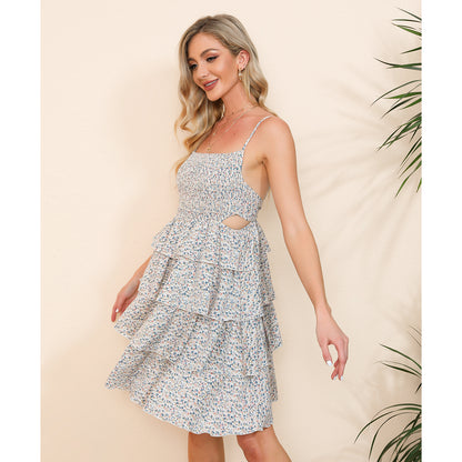 Exlura Women’s Square Neck Sleeveless Cami Ruffle Dress Spaghetti Strap Tie Back Floral Backless Tiered Midi Dress