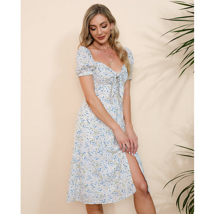 Exlura Women’s Puff Short Sleeve Sweetheart Neckline Long Dress Smocked Tie Front Split Backless Midi Dress