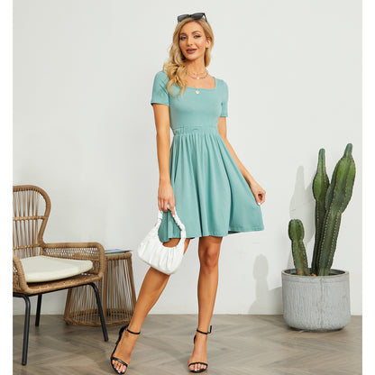 Exlura Women’s Short Sleeve Square Neck Skater Dress Backless Knit Tie Back High Waist Flowy Mini Dress