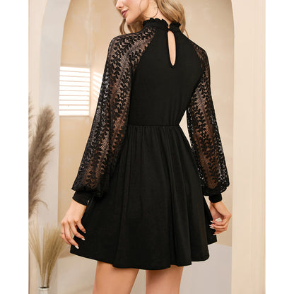 EXLURA Women’s Lace Tshirt Mini Dress Ruffle High Neck Long Puff Sleeve Swing Dress Flowy Wedding Guest Dresses