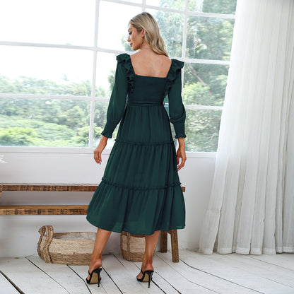 Byinns Womens Long Sleeves Smocked Waist Maxi Dress Elegant Ruffle Square Neck Dresses
