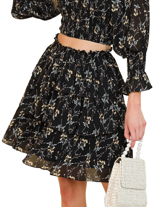 Byinns Women's High Waisted Ruffle Skirt A-Line Tiered Smocked Ditsy Floral Print Flowy Mini Skirt