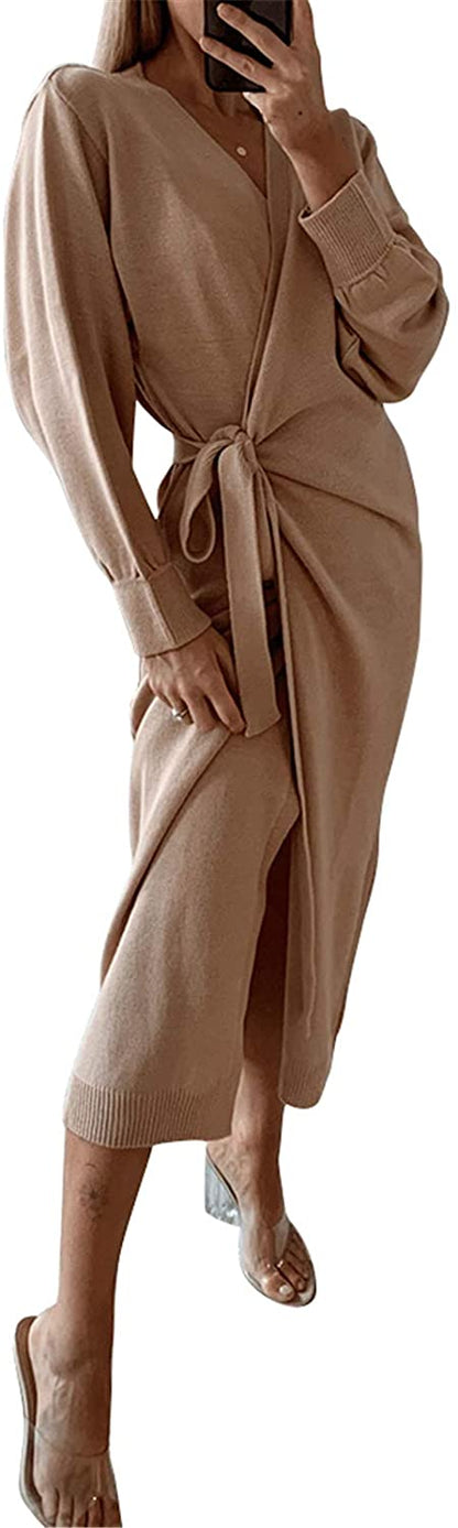EXLURA Womens Knit Sweater Dress Casual Solid Long Sleeve Wrap Maxi Dresses with Belt